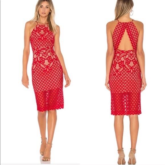 Bardot Mila Dress Red Lace Halter Open Back Party Revolve Cocktail Size 8 - Picture 1 of 14